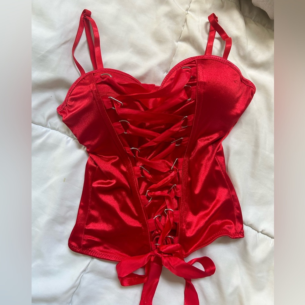 Red ribbon lace up corset